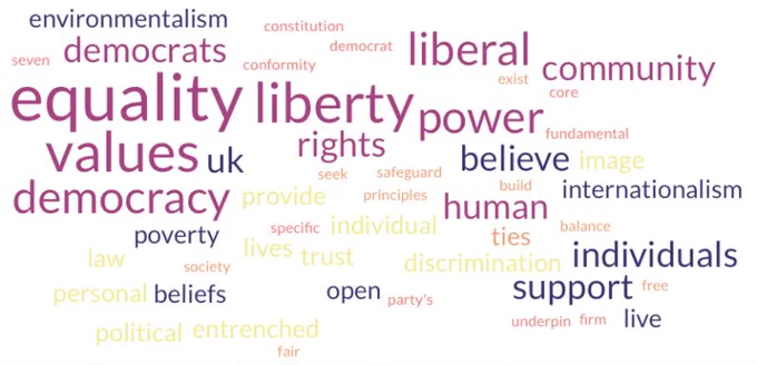 Word cloud of Lib Dem values taken from the national Lib Dem website.
