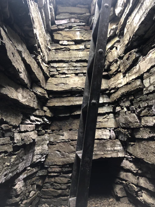Ladder descending into cairn past ancient stones