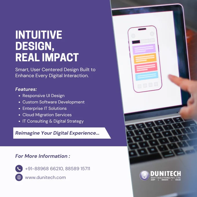 A purple-themed Dunitech promotional graphic showcasing a laptop displaying a mobile app interface. The design highlights intuitive UI design, custom software development, enterprise IT solutions, cloud migration services, and digital strategy consulting, with contact information and branding.