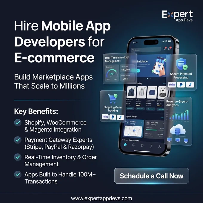 Expert App Devs e-commerce app development banner featuring mobile marketplace applications, Shopify, WooCommerce and Magento integrations, payment gateway solutions, real-time inventory management, order tracking dashboards, and scalable marketplace apps built to handle millions of users and over 100 million transactions.