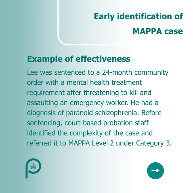 Lee was sentenced to a 24‑month community order with a mental health treatment requirement after threatening to kill and assaulting an emergency worker. He had a diagnosis of paranoid schizophrenia. Before sentencing, court-based probation staff identified the complexity of the case and referred it to MAPPA Level 2 under Category 3.