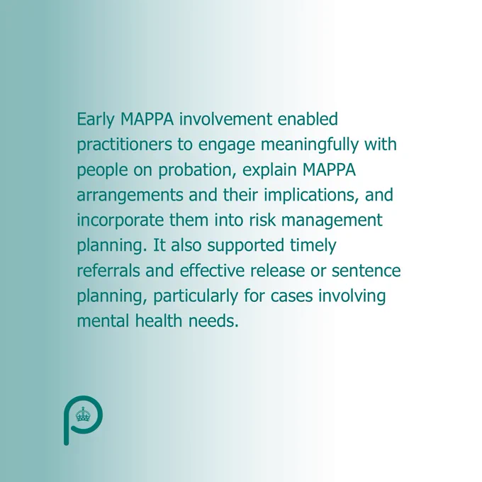 Early MAPPA involvement enabled practitioners to engage meaningfully with people on probation, explain MAPPA arrangements and their implications, and incorporate them into risk management planning. It also supported timely referrals and effective release or sentence planning, particularly for cases involving mental health needs. 