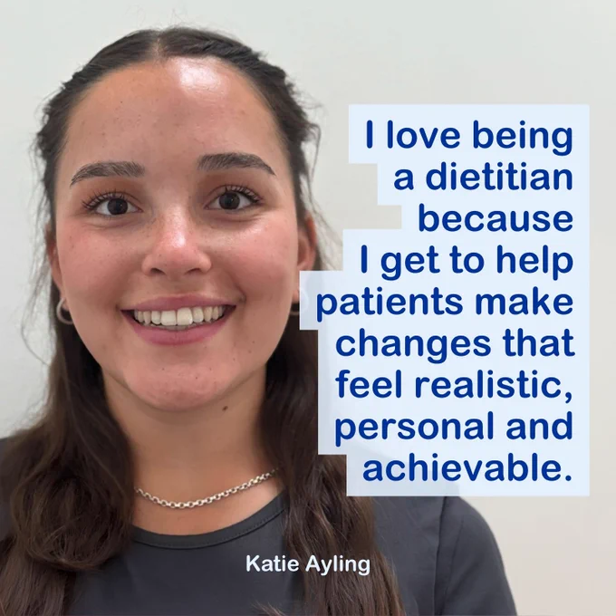 Person with long dark hair wearing a necklace and dark shirt next to text about loving being a dietitian for helping patients make realistic, personal changes.