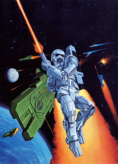 Target Earth clean artwork used on the cover of the Sega Genesis release in North America as well as for advertising. Image depicts a giant humanoid mech holding and firing a weapon upwards while letting a massive trail of fire from its jet pack. In the background a planet that seems to be Earth can be seen on the lower left with the moon further back. There's a huge green spacecraft firing in different directions behind the mech with smaller ones scattered around. Another mech can be seen to the right with some silver small spacecrafts nearby, one of them exploding. A starry space composes the rest of the picture.