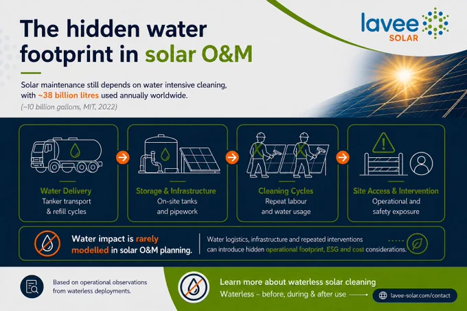 Infographic showing the hidden water footprint in solar O&M, including water delivery, storage, cleaning cycles and site intervention. Highlights ~38 billion litres used annually and the impact of water dependent maintenance, with a waterless alternative.