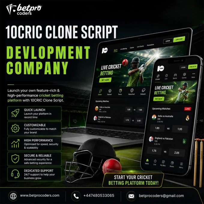 10CRIC Clone Script Development Company banner by BetPro Coders, showcasing a premium live cricket betting platform and gaming exchange panel UI on a smartphone and laptop. Featuring key features like quick launch, customizable panels, high performance, and secure sportsbook architecture. Ideal for entrepreneurs looking to start a cricket betting platform with real-time live line APIs. Contact  447480533065 or visit betprocoders.com for a free demo.