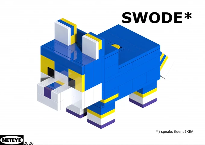 A picture showing off Swode, a blue white and yellow wolf, in the shapw of a minecraft baby wolf, built with Lego, from the front left