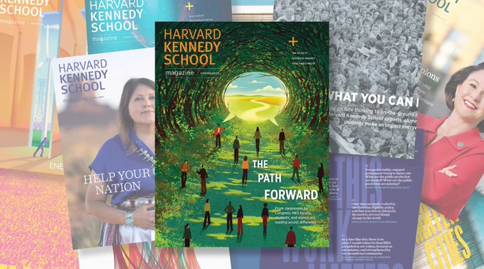 Illustrated Harvard Kennedy School Magazine cover showing people walking along a green path through a tunnel of trees toward a bright horizon. Background is several past HKS Magazine covers.