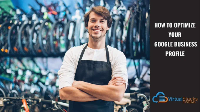 Photo illustration of smiling young male bicycle shop owner; Virtual Stacks Systems logo.