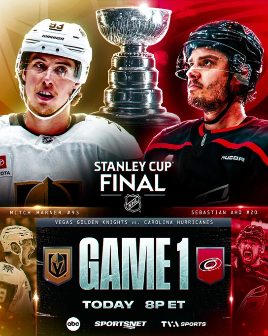 Top: Cutouts of Mitch Marner, the Stanley Cup, and Sebastian Aho. White text that reads \"Mitch Marner #93\" and \"Sebastian Aho #20\" between the Stanley Cup Final logo. \n\nBottom: White text on gray and black backgrounds that reads \"Vegas Golden Knights vs. Carolina Hurricanes. Game 1. Today 8p ET\". The ABC, Sportsnet, and TVA Sports logos are below. On either side are photos of Jack Eichel and Seth Jarvis. 