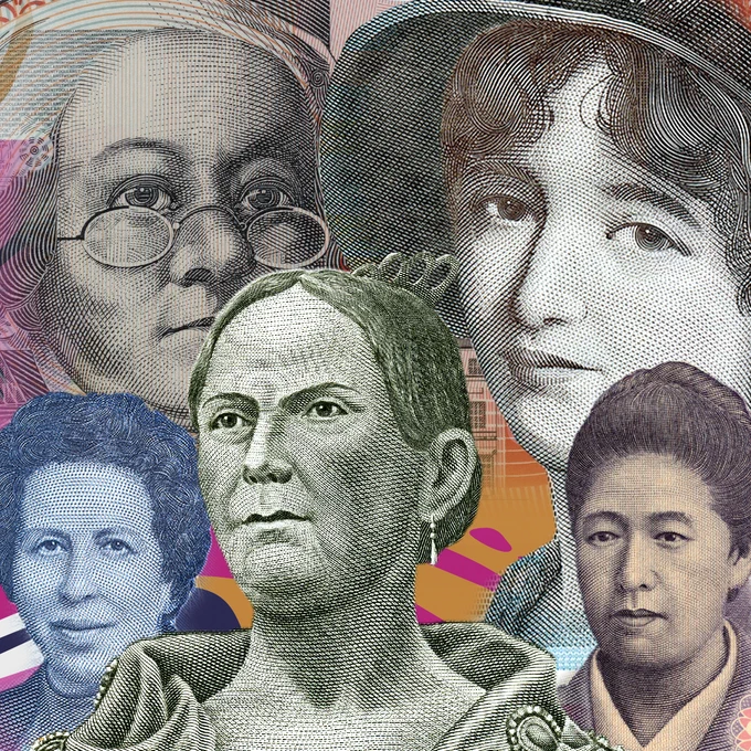 Montage de portraits de femmes figurant sur des billets de banque de différents pays, superposés dans des couleurs vives.