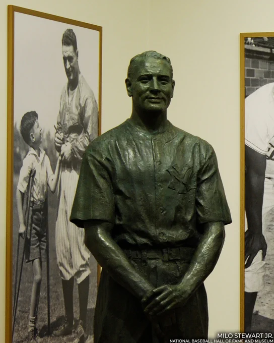 Statue of Lou Gehrig in the Museum lobby as depicted in his home pinstripe Yankees uniform. (Milo Stewart Jr./National Baseball Hall of Fame and Museum)