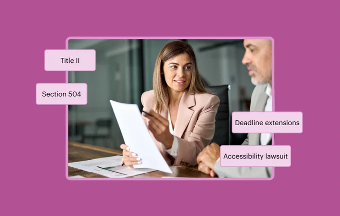 Two business professionals discussing legal paperwork in an office setting. The text Title II, Section 504, Deadline extensions, and Accessibility lawsuit overlay on top.