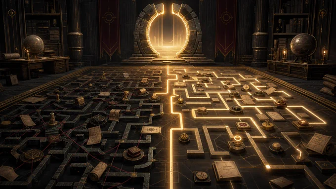 A dark guild archive maze map lights up with golden signal paths that become clear routes leading toward a half-open glowing Portal.