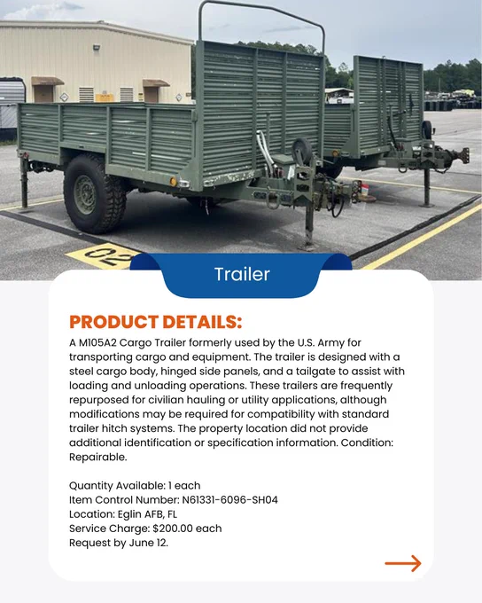 Graphic contains image of a green M105A2 Cargo Trailer. The graphic also contains written information about the item including the price of $200.00 and the items location which is Eglin AFB, FL. 