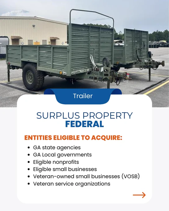 Graphic contains image of a green M105A2 Cargo Trailer. The graphic also contains a list of the type of entities eligible to acquire the item. 