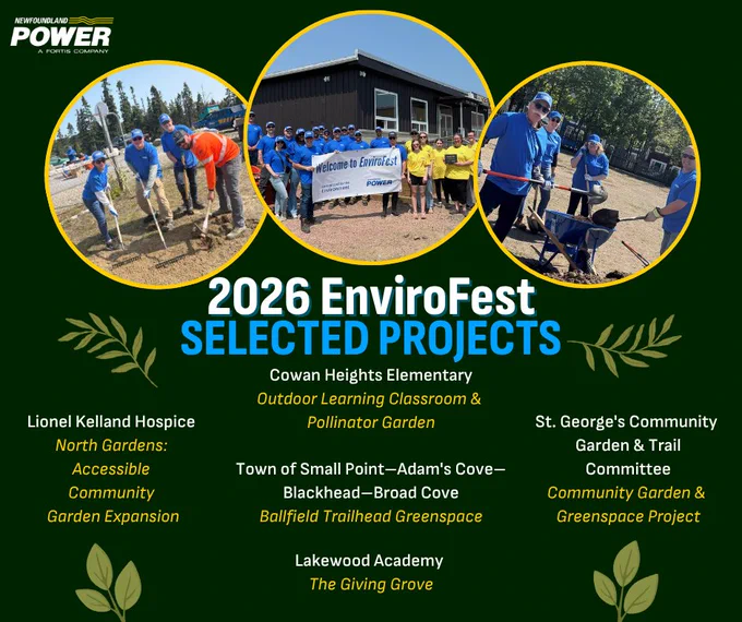 A dark green Newfoundland Power graphic featuring three circular photos of employees participating in outdoor volunteer activities such as raking soil, posing with a “Welcome to EnviroFest” banner, and shoveling dirt into a wheelbarrow. The headline reads “2026 EnviroFest Selected Projects.” Below, five community initiatives are listed, including:  Lionel Kelland Hospice
North Gardens - Accessible Community Garden Expansion; Cowan Heights Elementary -
Outdoor Learning Classroom &
Pollinator Garden; Town of Small Point—Adam's Cove—
Blackhead—Broad Cove
Ballfield Trailhead Greenspace; Lakewood Academy
The Giving Grove; and St. George's Community
Garden & Trail Committee
Community Garden &
Greenspace Project.  Decorative leaf illustrations frame the layout.