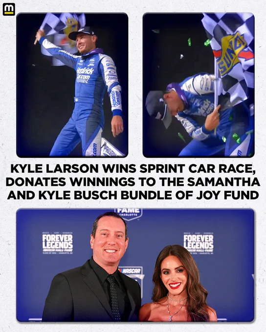 Kyle Larson won a sprint car race in Davenport on Monday night, and announced he was donating the winnings to the Samantha and Kyle Busch Bundle of Joy Fund.