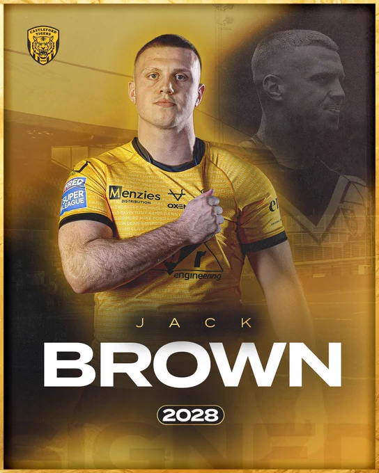 Jack Brown in a Castleford shirt, black and gold graphic that says JACK BROWN 2028