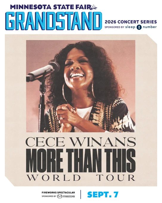 This image is a promotional poster for the Minnesota State Fair Grandstand 2026 Concert Series. It features a performer smiling and holding a microphone, with "CeCe Winans More Than This World Tour" written below. The event is scheduled for September 7, and the poster notes a sponsorship by Sleep Number and Mazda.