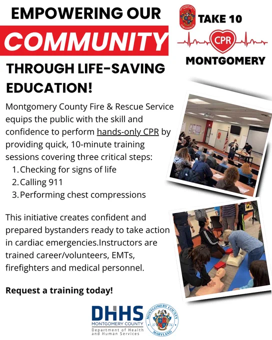 Pictures from a Take 10 Montgomery training. Text reads: Empowering our community through life-saving education!