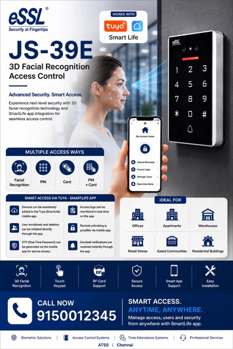 eSSL JS-39E facial recognition access control with PIN, RF card, and SmartLife app integration.