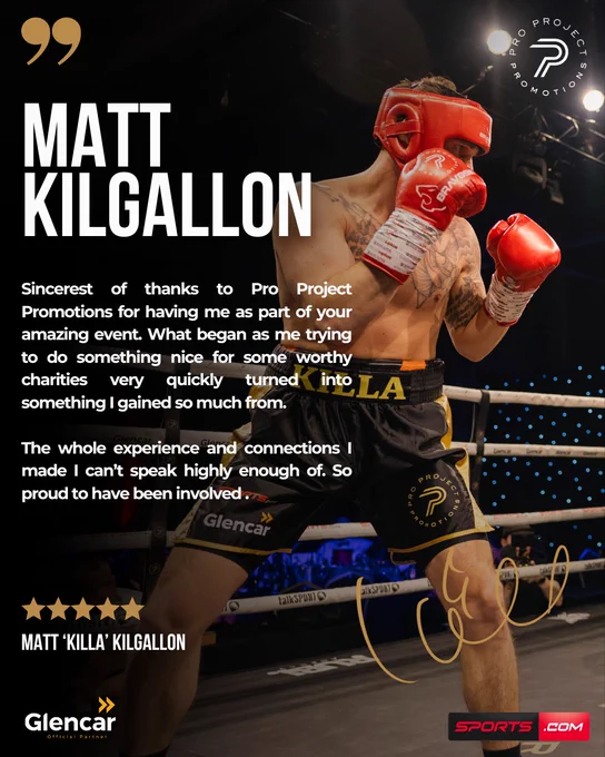 A boxer in a ring, wearing red headgear and gloves, expresses gratitude for an event with Pro Project Promotions. The image highlights a combination of athleticism and community spirit.