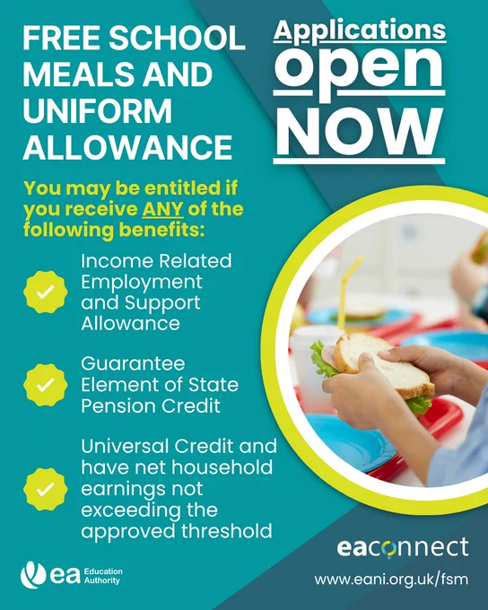 Free school meals and uniform allowance applications open for families receiving specific income-related benefits.