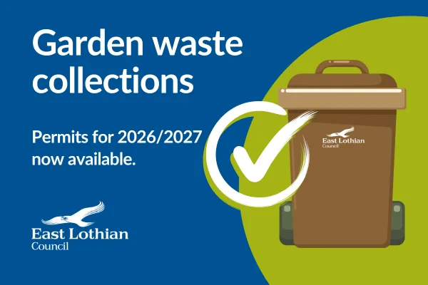 A graphic featuring an image of a brown bin and the text, 'Garden waste collections' and 'permits for 2026/2027 now available'.