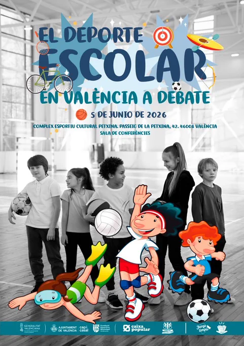 Niños en un gimnasio con ilustraciones deportivas; anuncio del debate "El deporte escolar en València" 5 junio 2026.