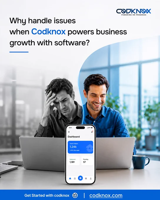 An infographic image with text “Why handle issues when Codknox powers business growth with software?”
