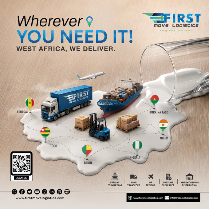 📍 Wherever You Need It, West Africa — We Deliver.

From Togo to Nigeria, Benin, Ghana, Burkina Faso, Niger, Senegal, and beyond, First Move Logistics provides reliable freight forwarding, road transport, air freight, customs clearance, warehousing, and distribution solutions tailored to your business needs.

No matter the destination, our commitment remains the same: safe handling, efficient delivery, and dependable logistics support across West Africa.

📧 info@firstmovelogistics.com
🌐 www.firstmovelogistics.com

🔗 Follow First Move Logistics

Facebook: https://www.facebook.com/firstmovelogistics
Instagram: https://www.instagram.com/firstmovelogistics
LinkedIn: www.linkedin.com/company/first-move-logistics
Twitter/X: https://x.com/FirstMoveLog
YouTube: https://youtube.com/@firstmovelogisticsfml?si=P-EHSC7J_T-mqxfr

#JCTRANS #OOG #Globy #OLOFamily #MegaMoveAlliance #WCAWorld #OneWorldOneNetwork #AllWorldShipping #AfricaLogisticsNet #ALPINTER #AYAHealthcare #CAMEG #Chevron #INTERPOL 