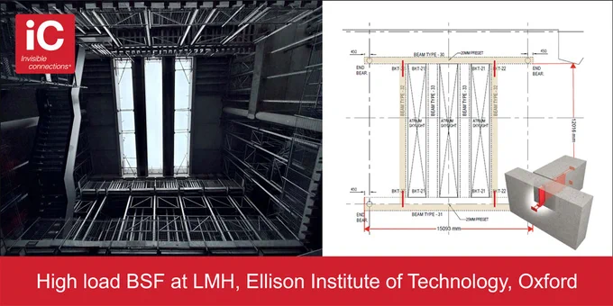 At Ellison Institute of Technology (LMH) in Oxford, Invisible Connections’ BSF Beam to Beam connectors provide structural support for the striking skylight in the atrium; TSS connectors and REDiBOX support the precast stair landings off core walls.