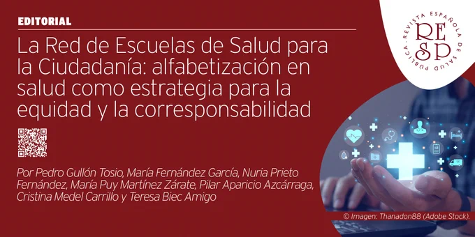Imagen de una persona sosteniendo sobre su mano izquierda una serie de iconos virtuales de temática médica mientras usa un ordenador portátil (copyright: Thanadon88-Adobe Stock). Editorial "La Red de Escuelas de Salud para la Ciudadanía: alfabetización en salud como estrategia para la equidad y la corresponsabilidad". Revista Española de Salud Pública, Ministerio de Sanidad (Gobierno de España).
