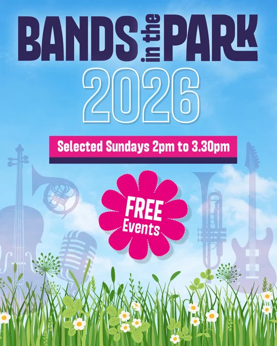Poster for 'Bands in the Park 2026' free Sunday events, featuring musical instrument silhouettes and a floral design.