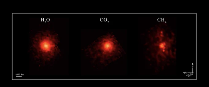 The composite image shows three side-by-side maps of different chemical species. The maps are mostly red with a bright orange centre, resembling pixelated clouds glowing on a black background. From left to right they are labelled H2O (standing for water), CO2 (standing for carbon dioxide) and CH4 (standing for methane). Credit: NASA, ESA, CSA, STScI, M. Belyakov (Caltech), I. Wong (STScI), Image Processing: A. Pagan (STScI)