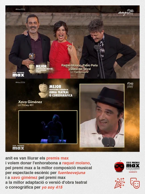anit es van lliurar els premis max i volem donar l'enhorabona a raquel molano, pel premi max a la millor composició musical per espectacle escènic per fuenteovejuna i a xavo giménez pel premi max a la millor adaptació o versió d'obra teatral o coreogràfica per yo soy 415