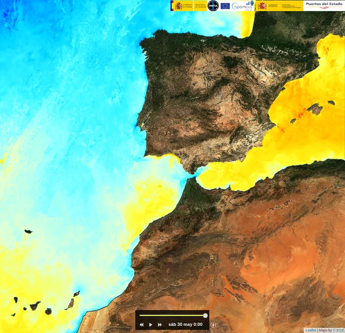 Imagen de la web Portus, de Puertos del Estado, para el día 30 de mayo de 2026. El mapa muestra el promedio diario de temperatura superficial del agua a partir de datos del satélite Sentinel-3. Esta información es un producto desarrollado por el Área de Sistemas de Teledetección del INTA dentro del marco del proyecto STERNA del programa Copernicus.