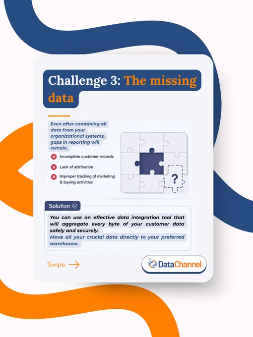 Challenge 3: The missing data
Even after combining all data from your organizational systems,     gaps in reporting will remain.
You can use an effective data integration tool that will aggregate every byte of your customer data safely and securely. 
Move all your crucial data directly to your preferred warehouse.