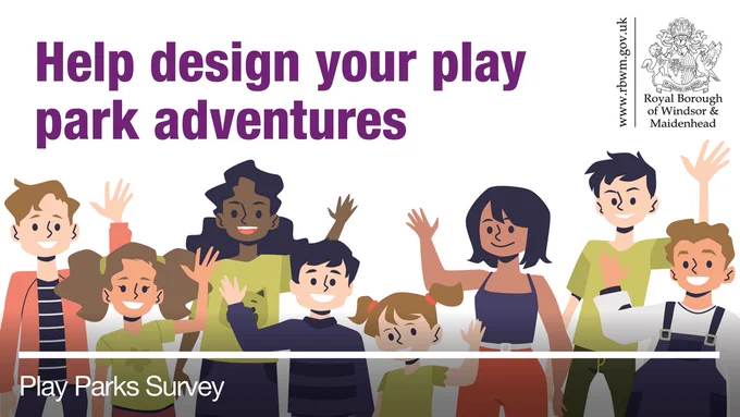 Illustration of diverse children and young adults waving, inviting participation in a Play Parks Survey.