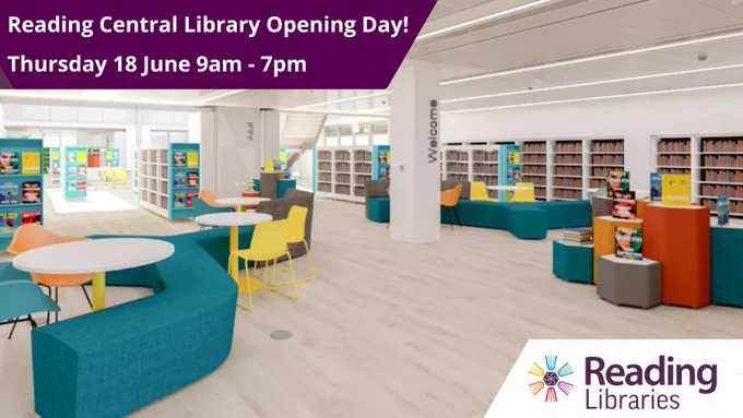 Interior of Reading Central Library on opening day, featuring modern furniture and bookshelves.