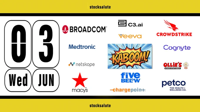 Calendar for stock earnings, the design features a yellow top and bottom banner, date of 3 juni 2026, is in an airport-style flip board format, with the date on the left side and the following companies on the right side, with logos visible: Broadcom, C3.ai, CrowdStrike, Veeva Systems, Cognyte, Ollie's Bargain Outlet, Petco, Five Below, ChargePoint, Macy's, Netskope, and Medtronic.