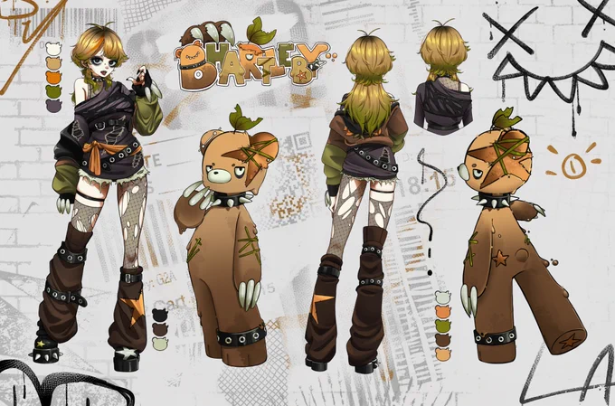 A ref sheet showing of a design (both containing human and bear type body) with strong punk & graffity influence.