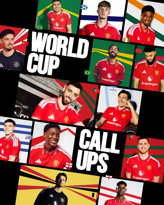 Manchester United players in red jerseys representing their countries for World Cup call-ups with national flags in the background.