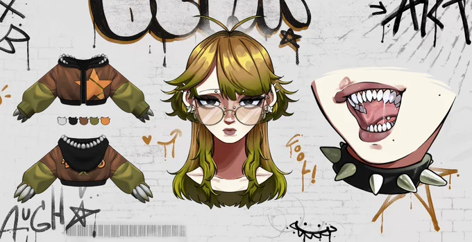 A ref sheet showing of a design (focus on clothing details, a headshot and teeth) with strong punk & graffity influence.