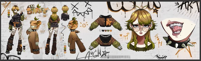 A ref sheet showing of a design (both containing human and bear type body) with strong punk & graffity influence.