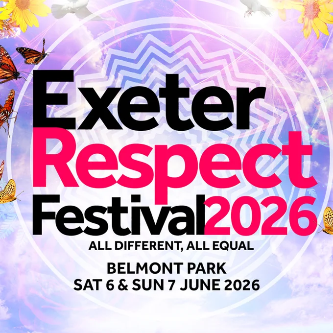Promotional poster for “Exeter Respect Festival 2026.” Large black and bright pink text reads: “Exeter Respect Festival 2026.” Tagline: “All Different, All Equal.” Event details: “Belmont Park, Sat 6 & Sun 7 June 2026.” Background features soft purple and pink clouds, geometric mandala-style patterns, butterflies, white doves, and yellow flowers.