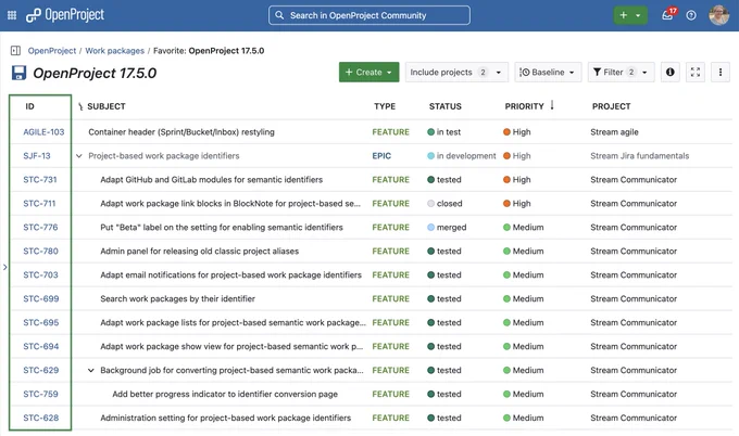 Screenshot of community.openproject.org showing a filtered work package table with highlighted ID column - the IDs are semantic, e.g. "AGILE-103" or "STC-731"