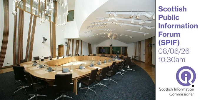 Meeting room with the text: "Scottish Public Information Forum (SPIF) 08/06/26 10.30am."