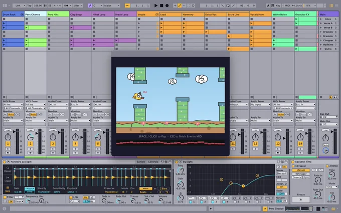 Flappy Bird game with animated bird and green pipes and blue background, collecting MIDI notes, shown in Ableton Live 12 beta.